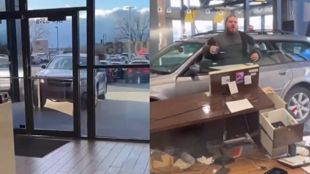 Hombre no pudo devolver su carro recién comprado y lo estrelló en el concesionario