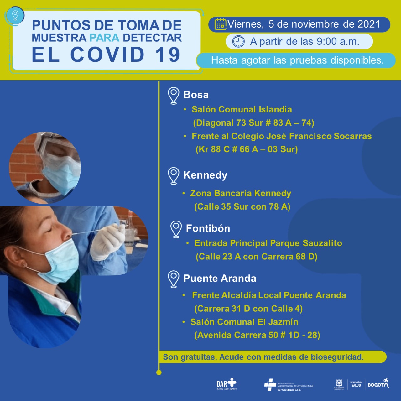 ¿Dónde hay pruebas gratuitas para Covid-19 este viernes en Bogotá?