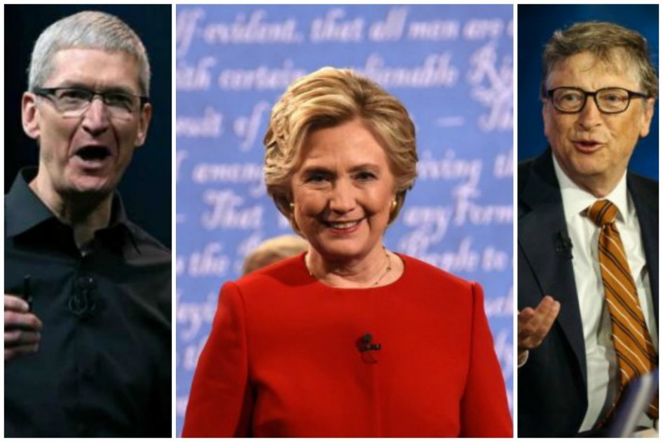CEO de Apple, Tim Cook/Candidata demócrata Hillary Clinton/Bill Gates, CEO de Microsoft. - Fotos: Bloomberg-AFP