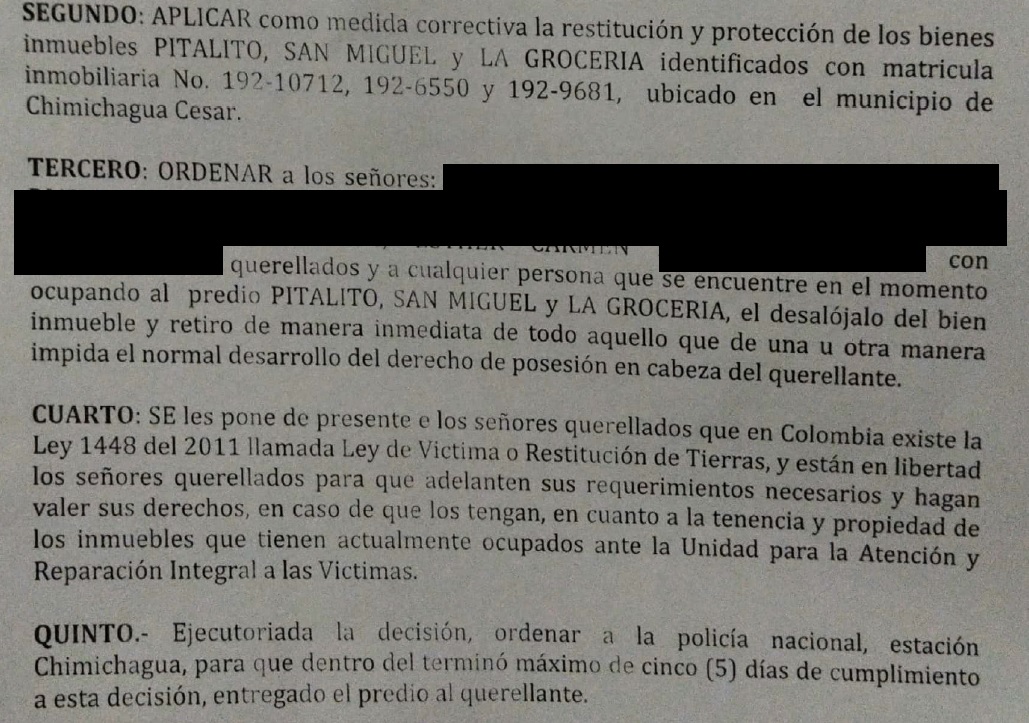 Orden de desalojo de la comunidad de Pitalito.