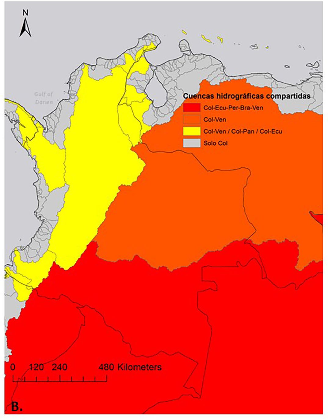 Mapas que muestran el número de especies se comparten entre los países vecinos (mapa A) y las cuencas hidrográficas transfronterizas (mapa B).