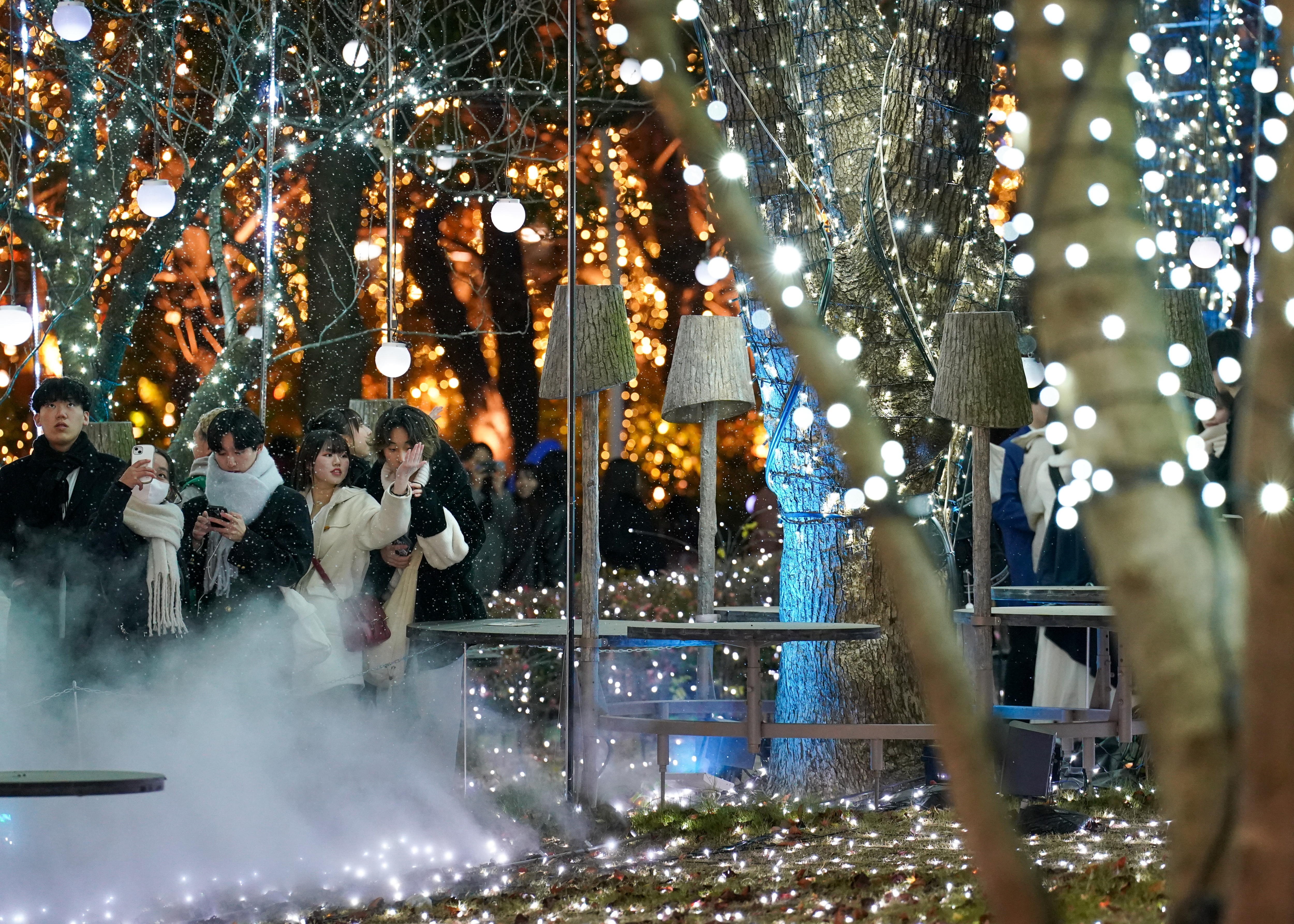 Tokyo (Japan), 12/12/2024.- People view the 'Midtown Christmas' illuminations in Tokyo, Japan, 12 December 2024. Tokyo's 'Midtown Christmas' turns an outdoor recreational area into a winter wonderland with illuminations and layered displays. (Japón, Tokio) EFE/EPA/CHRISTOPHER JUE