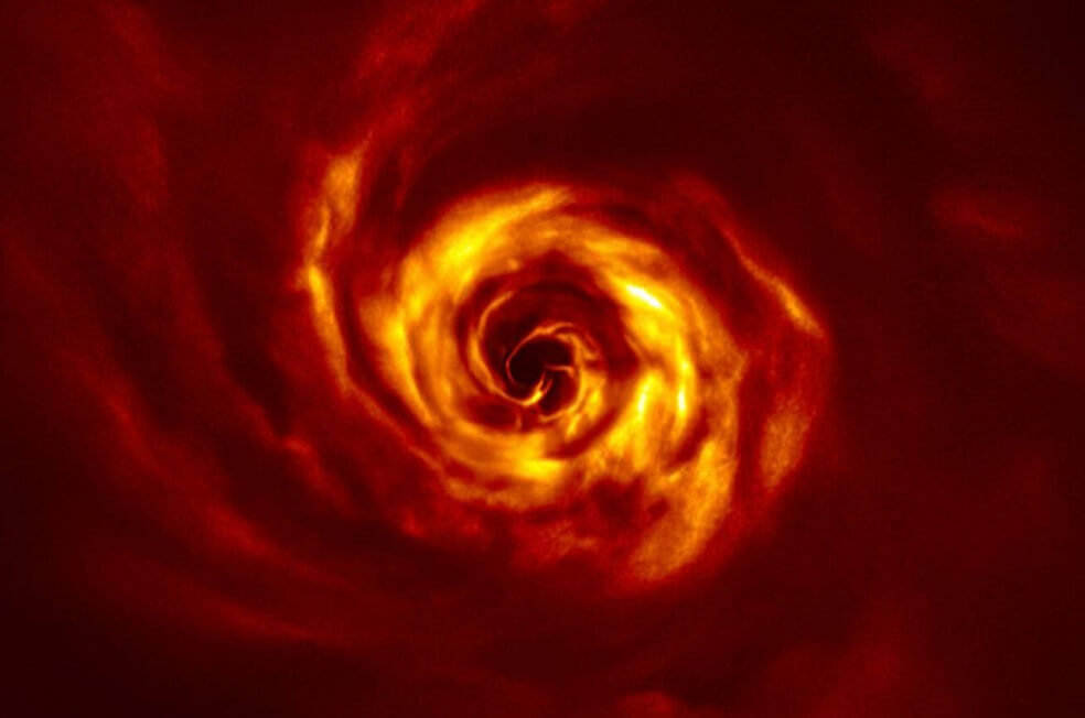 Cerca del centro de la imagen, obtenida con luz polarizada con el instrumento SPHERE del VLT, se observa el ‘giro" (en amarillo muy brillante) que marca el lugar donde se puede estar formando un planeta. Este giro se encuentra aproximadamente a la misma distancia de la estrella que Neptuno del Sol.  / ESO/ Boccaletti et al.