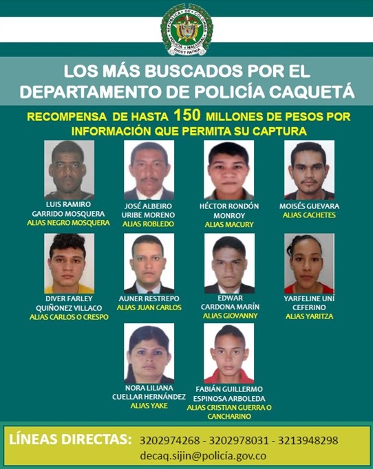 Cartel de los 10 más buscados en Caquetá por la Policía