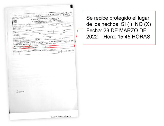 En las actas de inspección técnica a cadáver la policía judicial negó haber recibido el lugar asegurado, pese a que el Ejército presentó en sus resultados que lo habrían hecho a las 9:40 a.m.