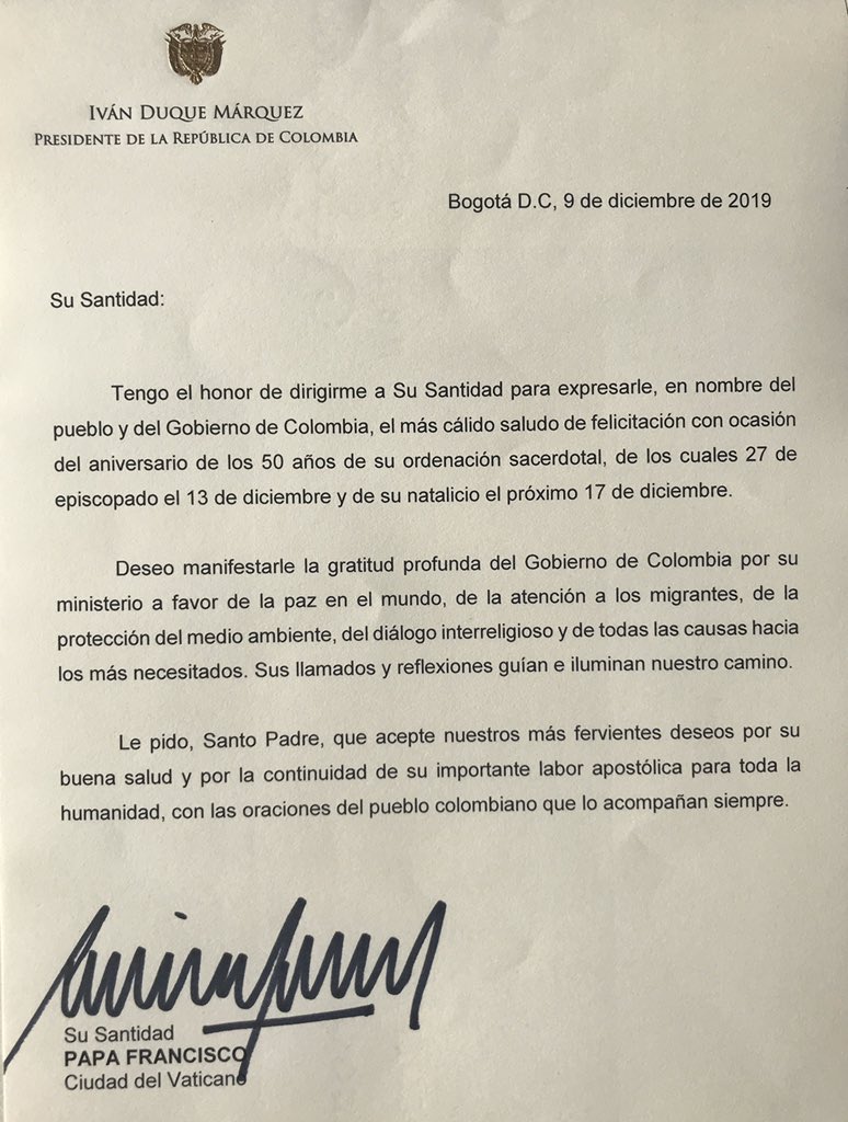Apenas en octubre pasado,a propósito del Sínodo de la Amazonía en el Vaticano,el mandatario le envió otra comunicación al papa, en la que señalaba que estaban “escuchando la voz de la Amazonía”, y que el “deber hoy, más que nunca, es motivar acciones concretas”.