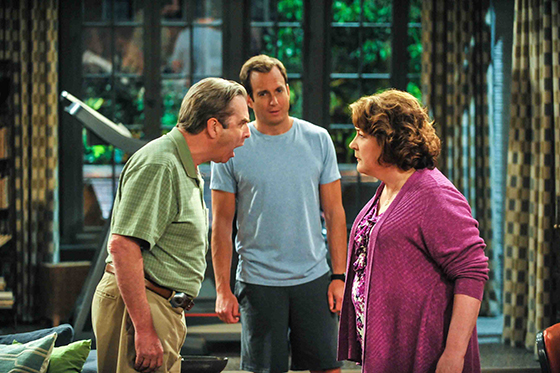 "Pilot" -- CBS’s new comedy THE MILLERS stars Will Arnett (center) as Nathan Miller, a recently divorced local roving news reporter looking forward to living the singles’ life until his parents’ marital problems unexpectedly derail his plans. Beau Bridges plays Tom, Nathan’s absent-minded father who, inspired by the news of Nathan’s divorce, announces he’s leaving Nathan’s mother. Margo Martindale portrays Carol, Nathan’s meddlesome mother who decides to move in with him, while Tom imposes on Nathan’s sister. Photo: Richard Foreman/CBS ©2013 CBS Broadcasting, Inc. All Rights Reserved.