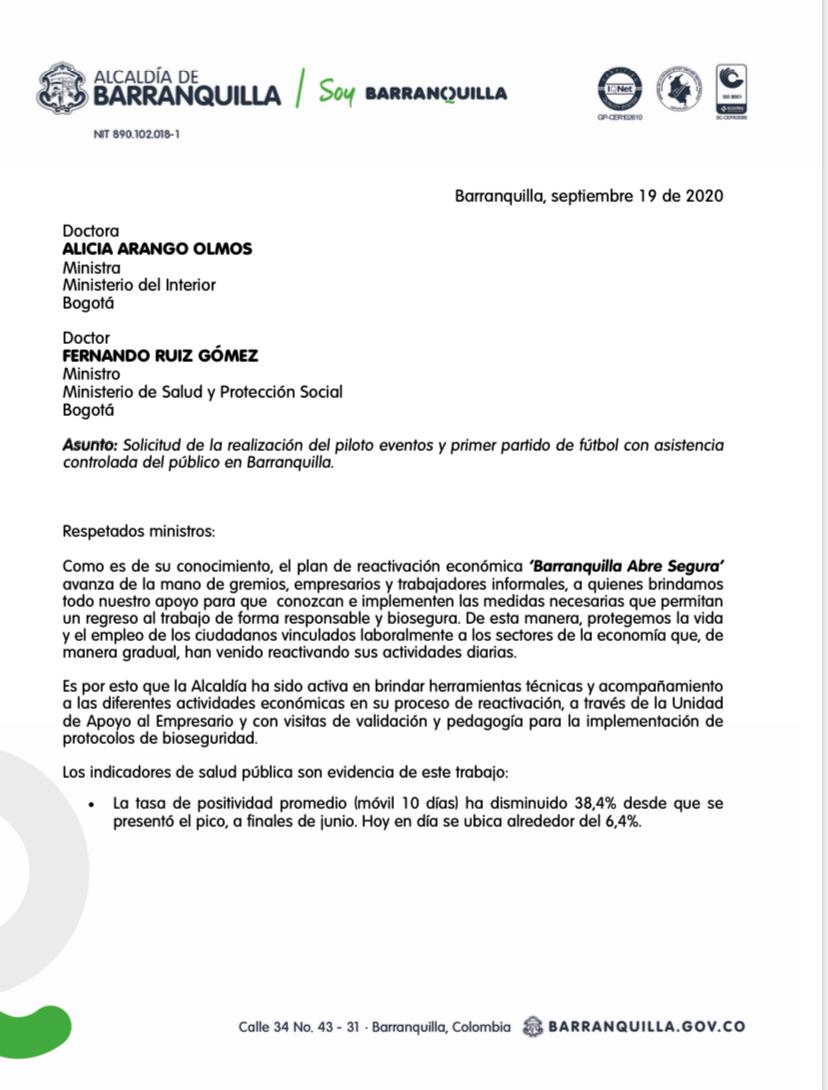 Carta que la Alcaldía de Barranquilla les envió a los ministerios del Interior y de Salud.