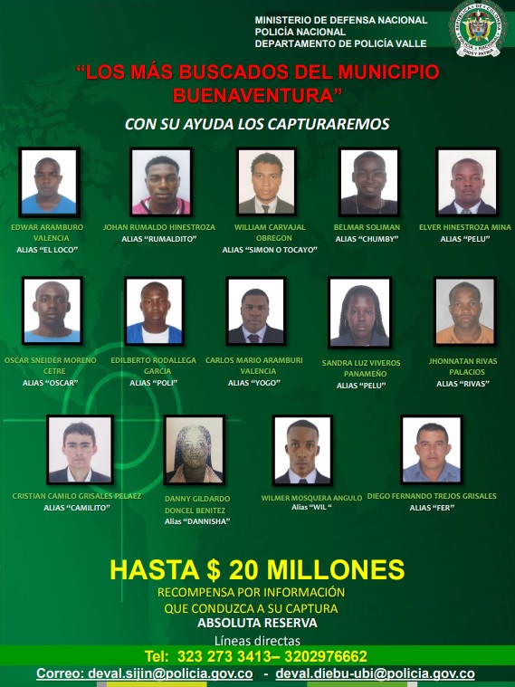 Los 14 más buscados de Buenaventura.Policía NacionalLea también:Homicidios en Cali disminuyeron un 14,6 % en comparación con 2018