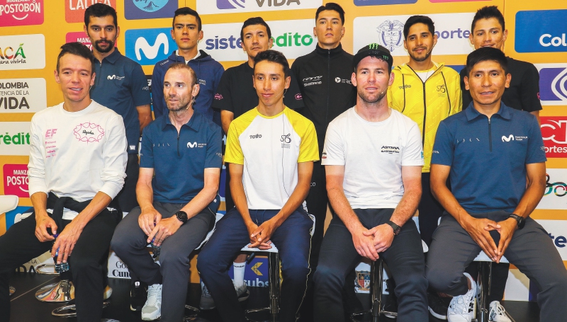 Entre los participantes están (primera fila) Rigoberto Urán, Alejandro Valverde, Egan Bernal, Mark Cavendish y Nairo Quintana, entre otros. / Tour Colombia