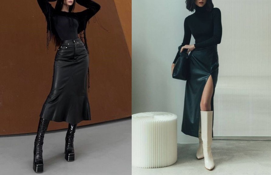 Combina tu falda de cuero midi con unas botas hasta la rodilla para un look que es a la vez moderno y atemporal.