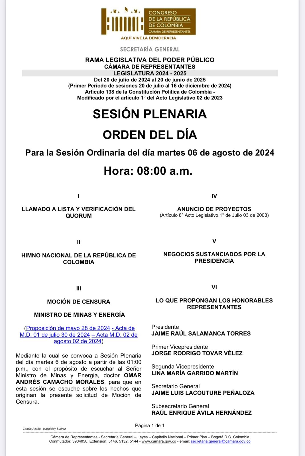 Camacho atenderá en un mismo día moción de censura y debate de control político.