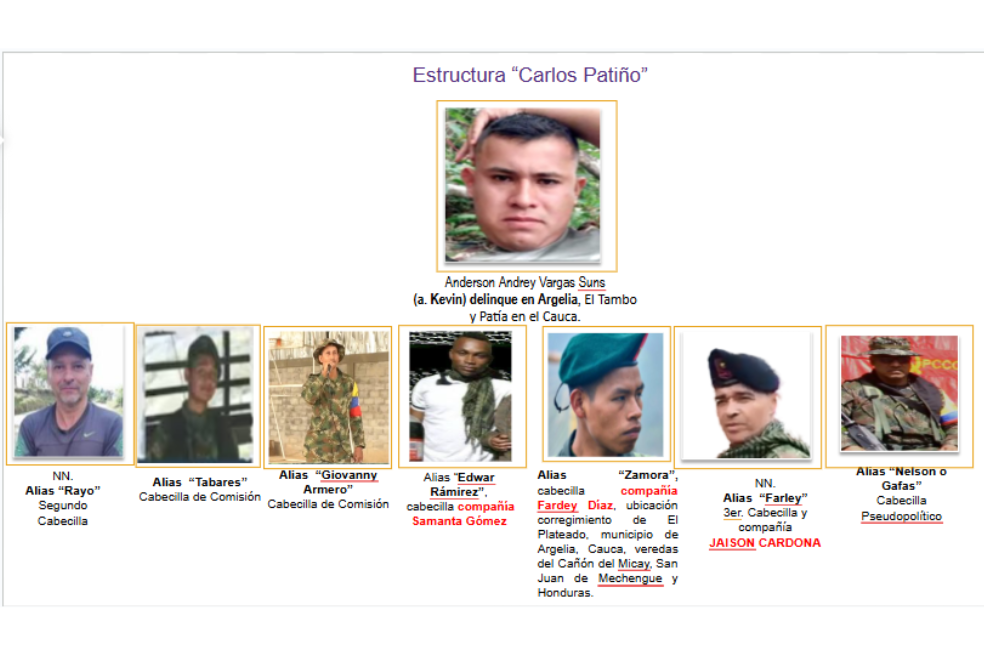 Organigrama del Frente Carlos Patiño de las disidencias de las Farc, que opera en el Cauca.