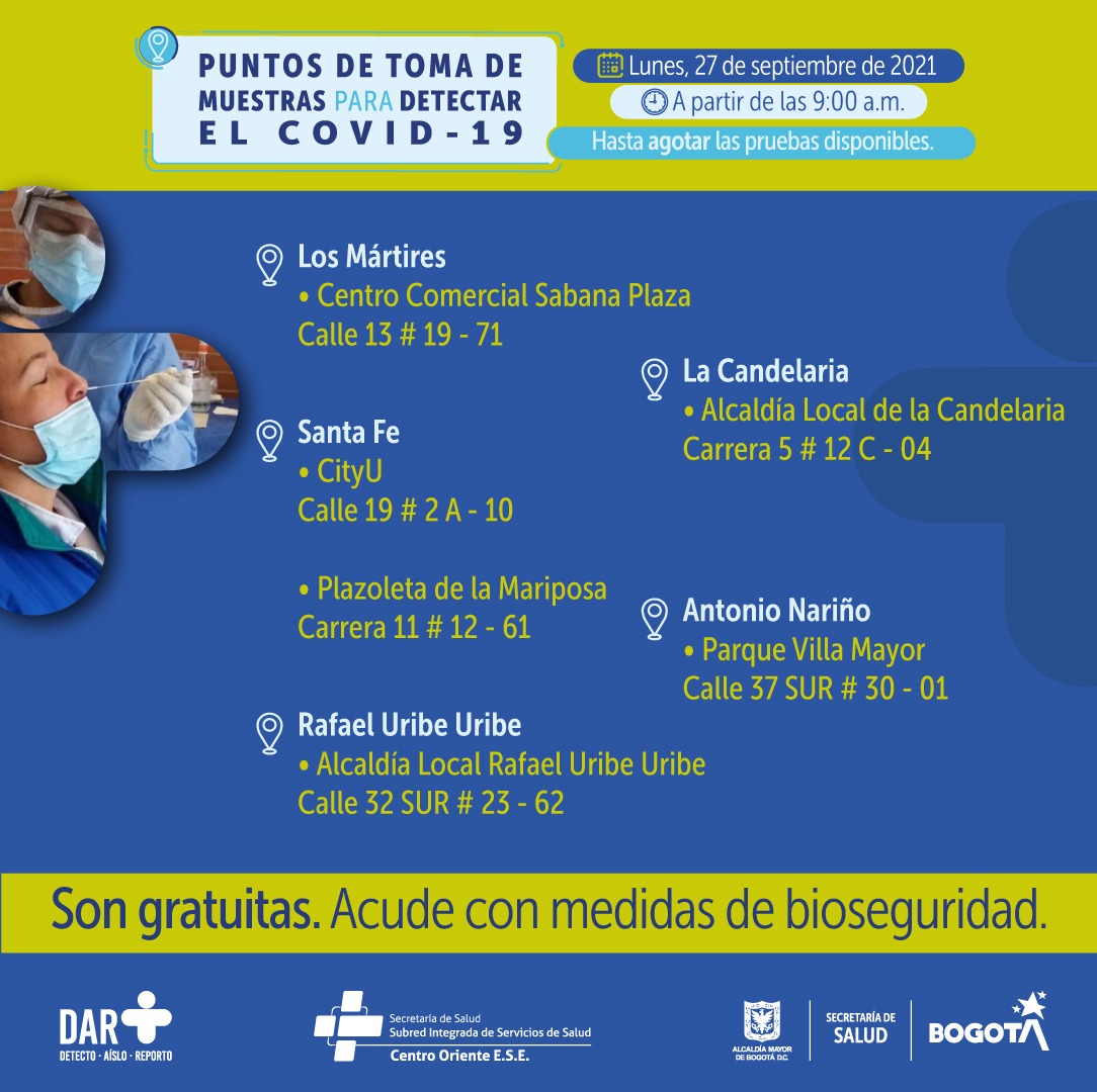 Estos son los puntos para toma de pruebas COVID-19 este lunes en Bogotá.