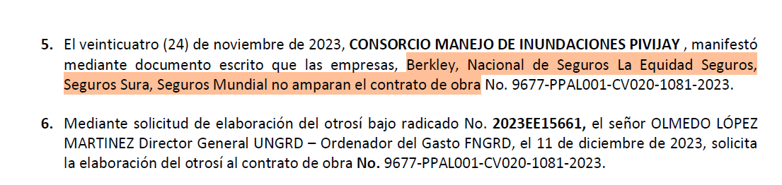 Extracto del Otrosí No. 01 del contrato entregado al consorcio Manejo de Inundaciones Pivijay.