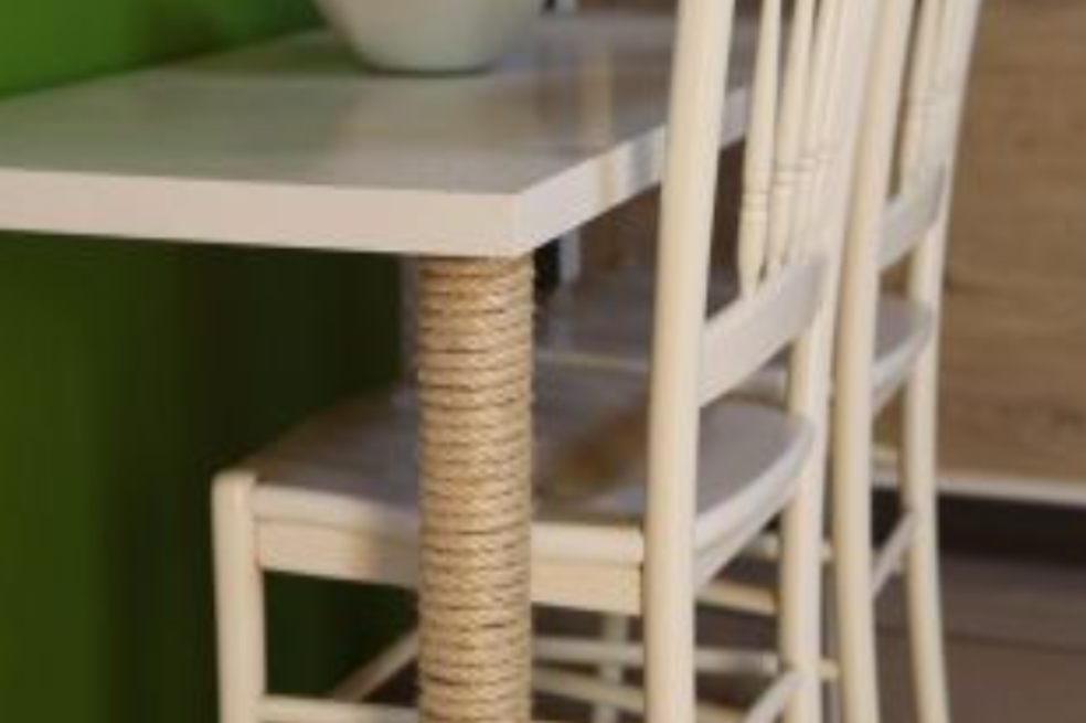 Este juguete consiste en transformar la pata de una mesa en un rascador práctico para gatos.
