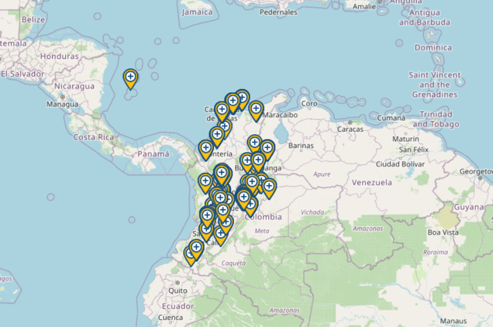 La plataforma Librerías Colombia también cuenta una función de visualización en mapa, que indica la ubicación geográfica de las librerías.