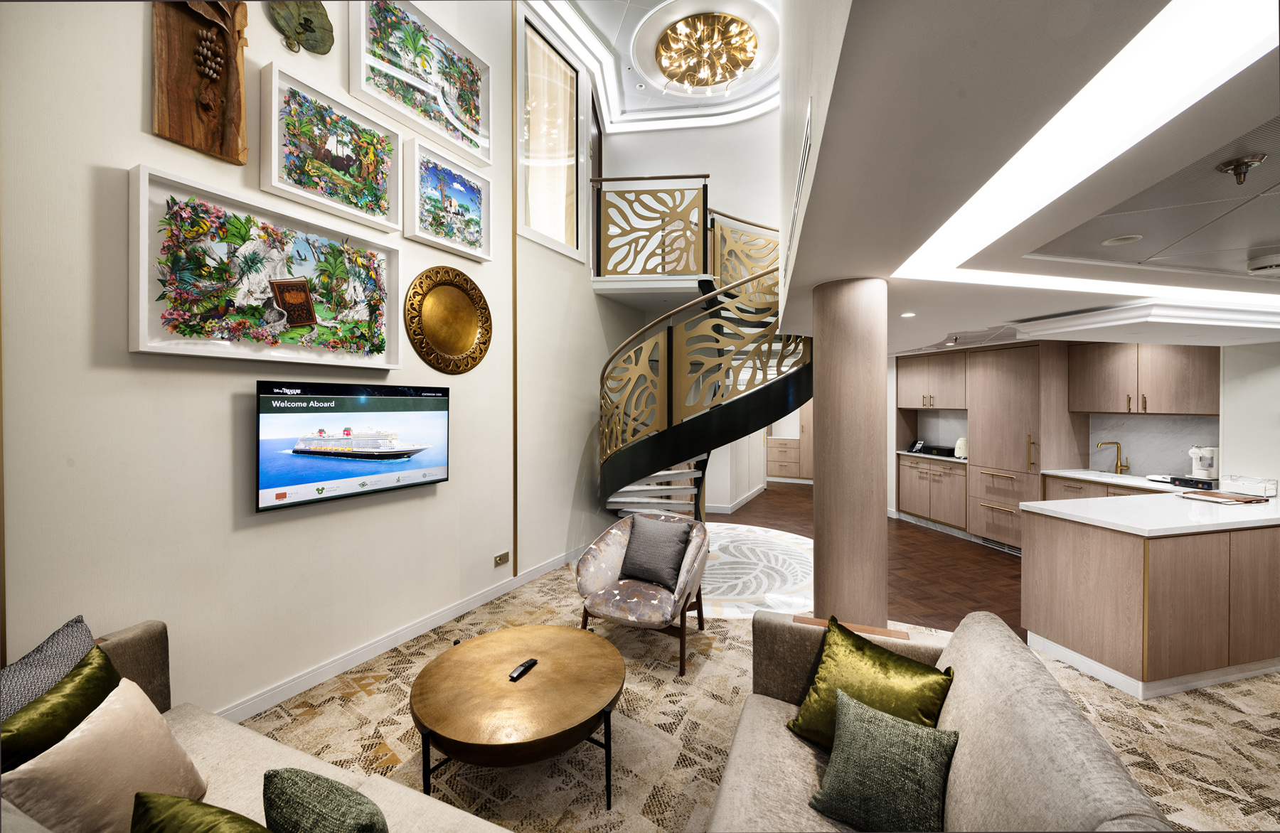 El alojamiento inspirado en la aventura a bordo del Disney Treasure, el barco más nuevo de Disney Cruise Line, se extiende a cuatro suites reales que rinden homenaje a los fieles compañeros felinos de los atrevidos personajes de Disney. Los diseños de lujo incluyen las Bagheera Royal Suites, en honor a la noble pantera de “El libro de la selva” y los frondosos bosques que él considera su hogar.