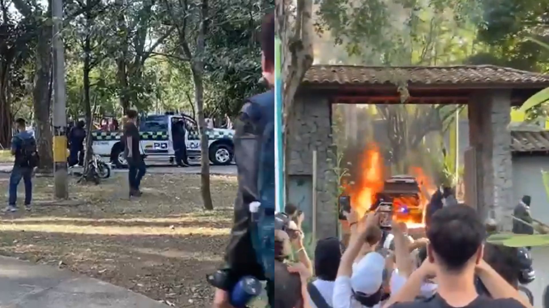 Disturbios en la Universidad de Antioquia: encapuchados incendiaron carro de la Policía