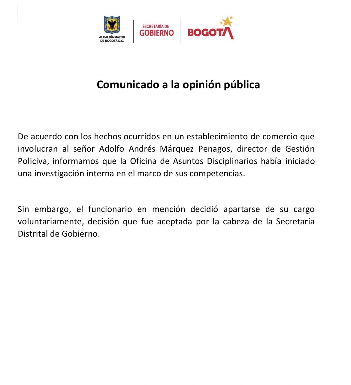 Comunicado de la Secretaría de Gobierno sobre la renuncia de Márquez.