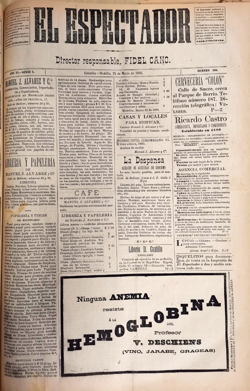 Portada de El Espectador de marzo de 1896. En ese momento, el diario se hacía e imprimía en Medellín.