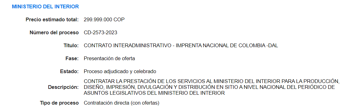 Contrato de Mininterior para la producción de periódico de asuntos legislativos.