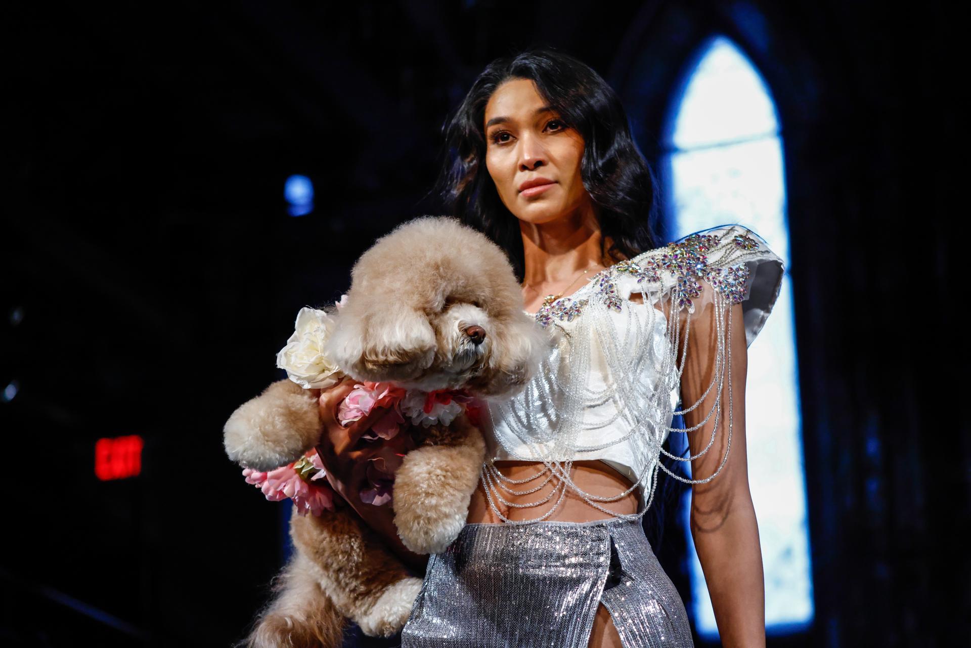 NEW YORK (United States), 15/02/2026.- A model with a dog present creations by designer Anthony Rubio during New York Fashion Week, in New York, New York, USA, 15 February 2026. (Moda, Nueva York) EFE/EPA/KENA BETANCUR