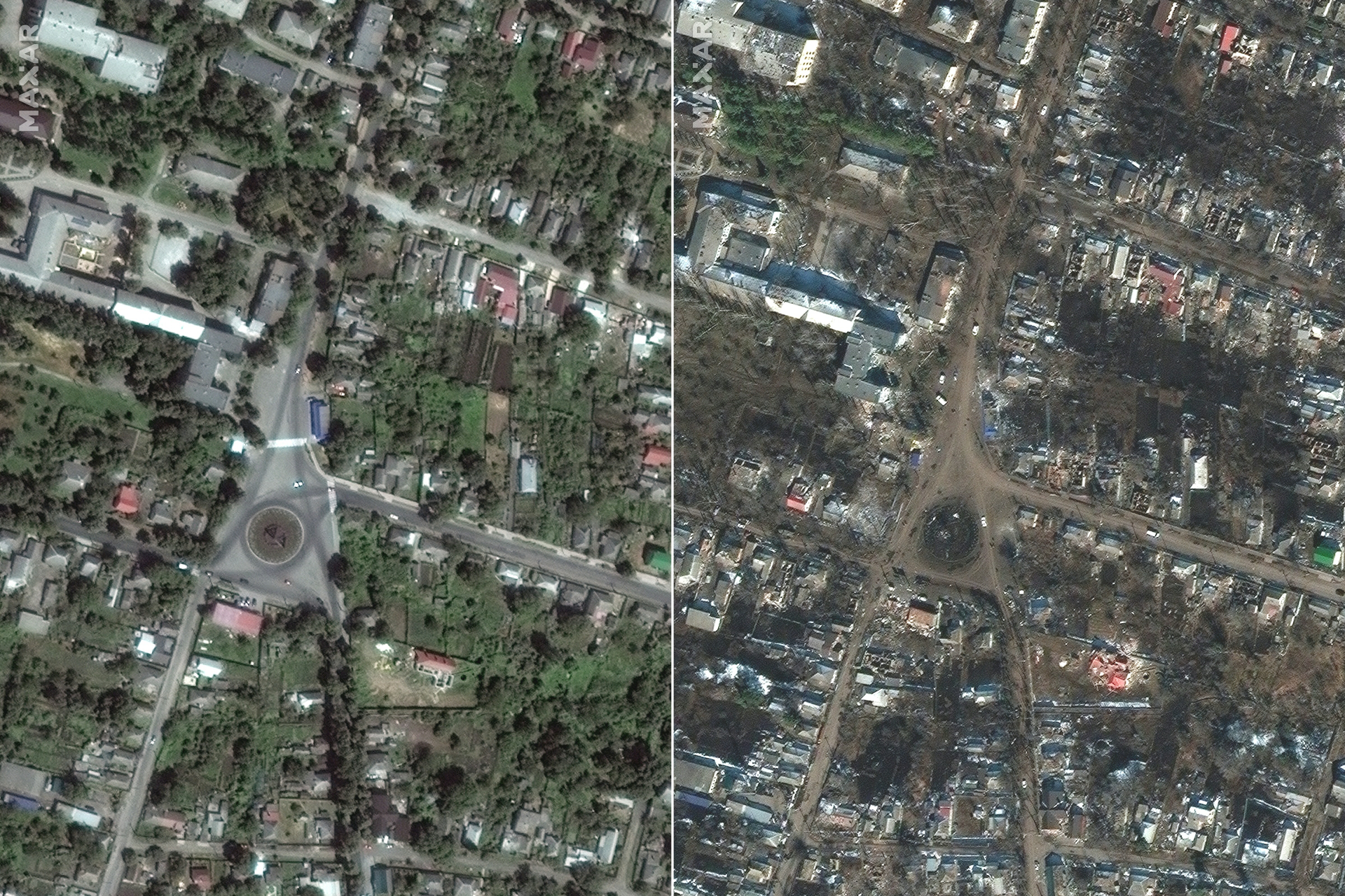 Esta combinación de imágenes de satélite Maxar creadas el 16 de marzo de 2022 muestra casas y edificios en Sumy, Ucrania.