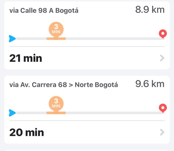 La aplicación de navegación ofrece posibles rutas con el tiempo estimado y la distancia en kilómetros