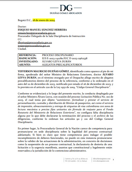 Alegatos de la defensa de Álvaro Leyva en el caso de los pasaportes.