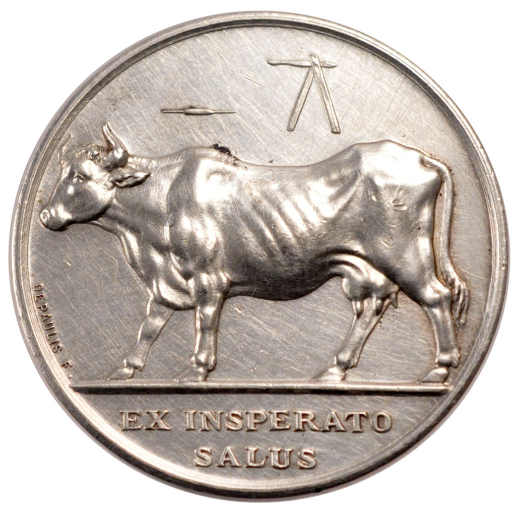 Medalla en plata, acuñada en Francia entre 1842 y 1845. (32.71 mm, 12.80 g). Emitida para conmemorar el inicio del programa de vacunación contra la viruela en París.
