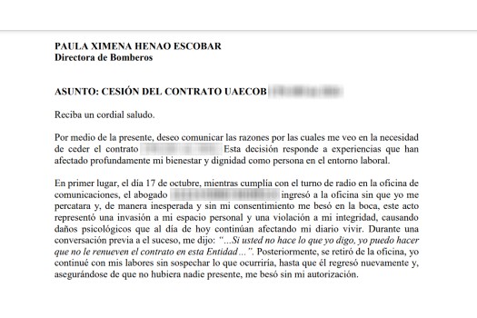 Extracto de la carta enviada a la directora de Bomberos.