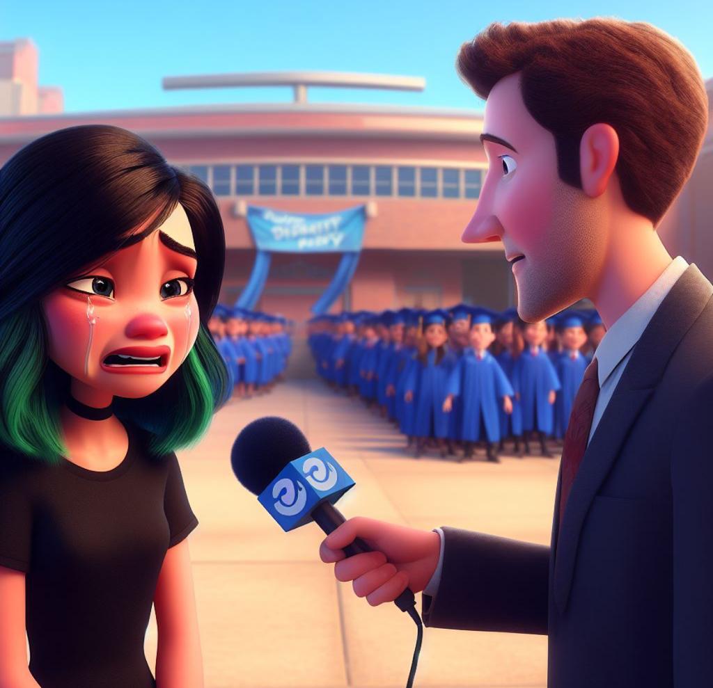 Estudiante llora cancelación del grado por pandemia, imagen creada por Inteligencia Artificial estilo Disney