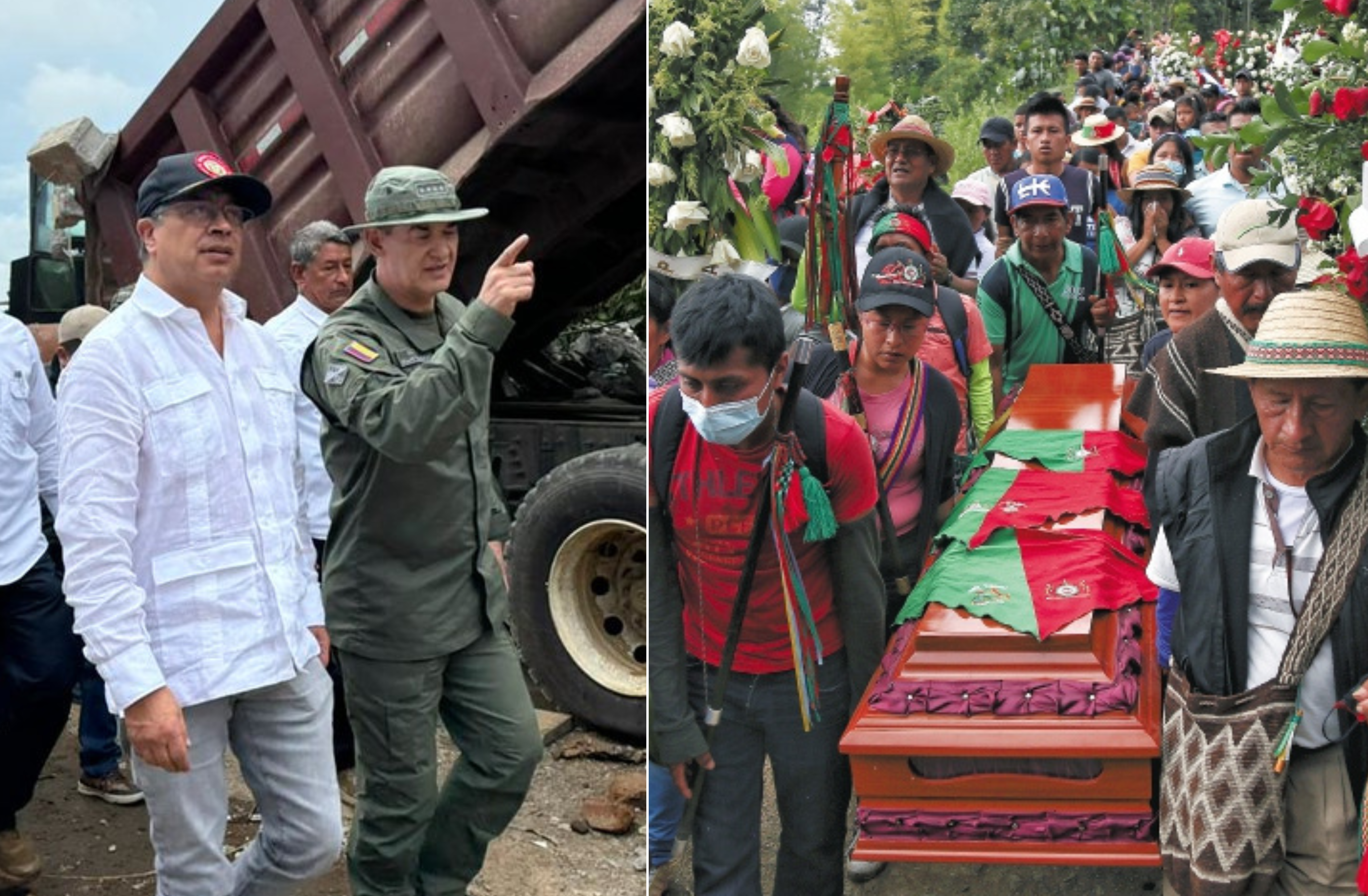 Tras la incursión armada del EMC en Morales, el presidente Petro (izq.) visitó el municipio.