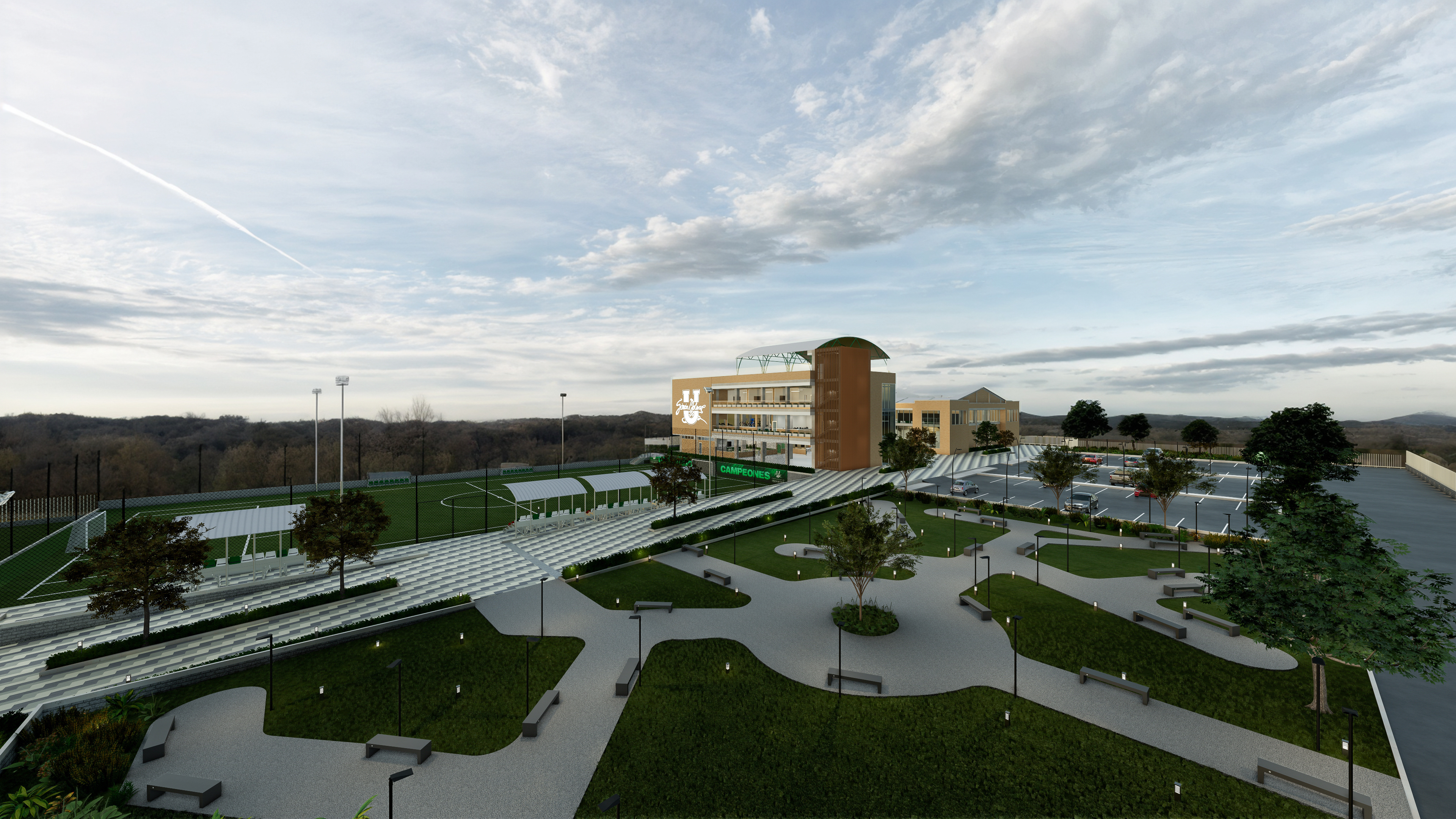 La Sede Campestre de Unisimón abarca 10 mil metros cuadrados que incluyen una cancha de fútbol profesional, un edificio con espacios de bienestar y experiencias académicas, y un coliseo multipropósito climatizado.