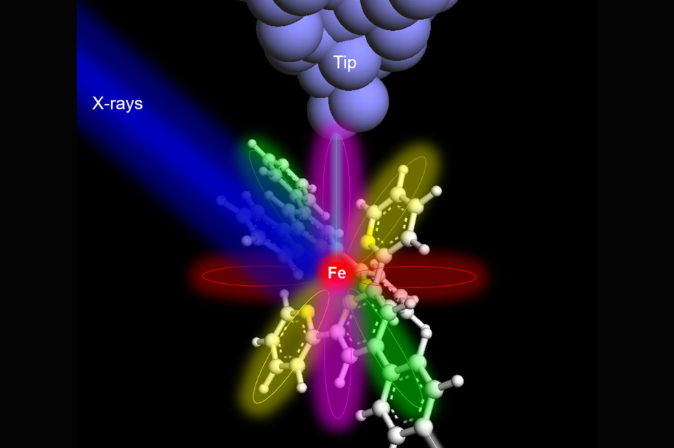 Cuando los rayos X (color azul) iluminan un átomo de hierro (bola roja en el centro de la molécula), se excitan los electrones del nivel central. A continuación, los electrones excitados por los rayos X pasan por un túnel hasta la punta del detector (color gris) a través de orbitales atómicos/moleculares superpuestos, que proporcionan información elemental y química del átomo de hierro.