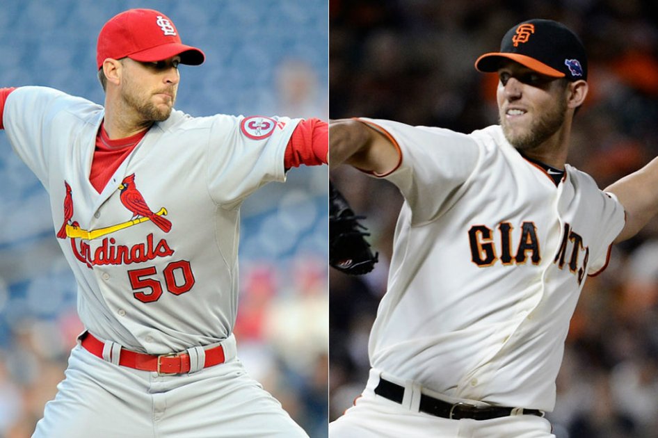 Adam Wainwright (Cardenales de San Luis) y Madison Bumgarner (Gigantes de San Francisco) serán los abridores del partido 1 de la Serie por el Campeonato de la Liga Nacional.//AFP