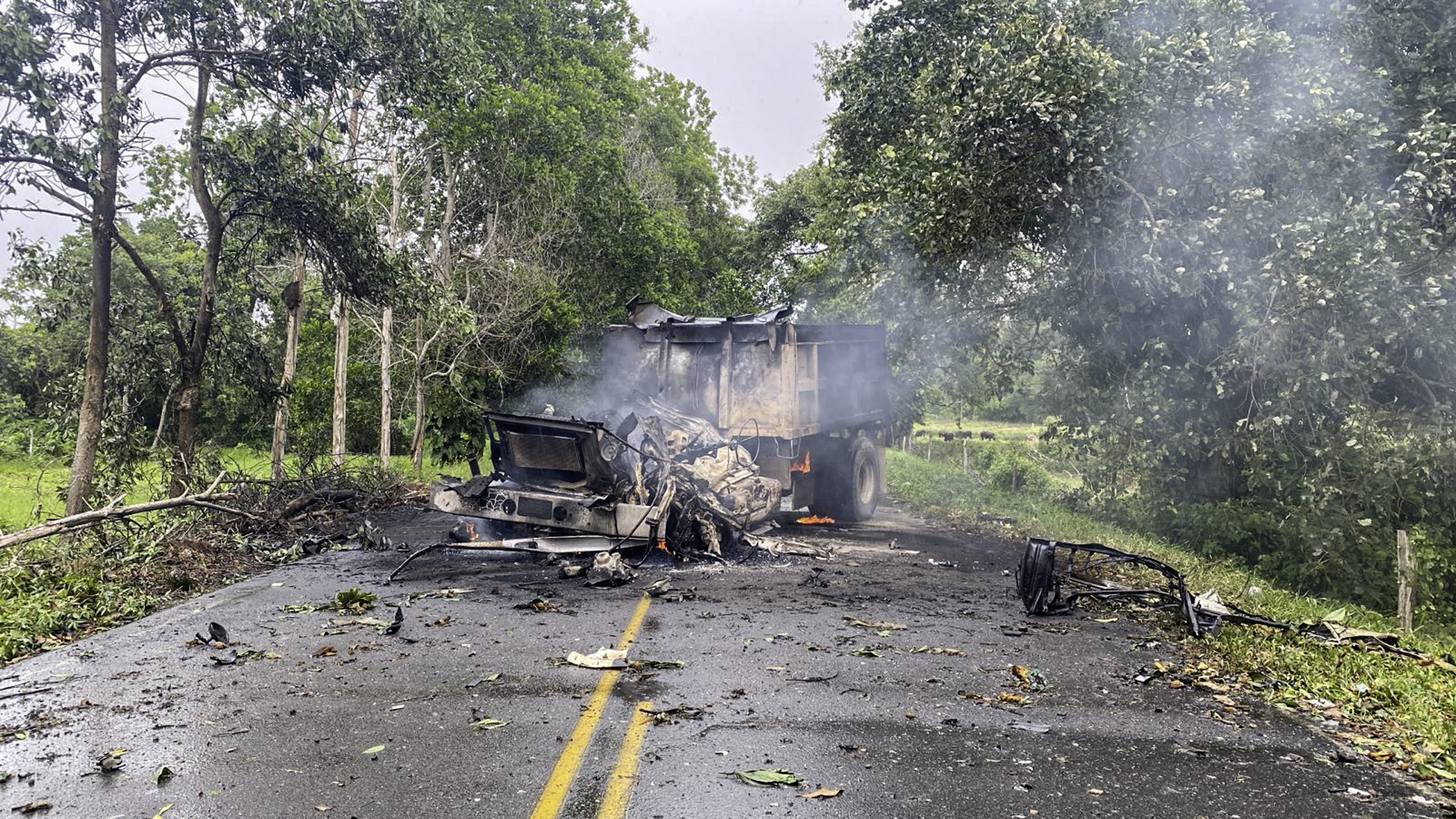 Handout picture releaseb by the Colombian Army showing the truck used in an attack attributed to ELN guerrillas against a military base in Puerto Jordan, Arauca department, Colombia, on September 17, 2024.