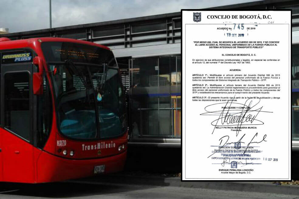 Distrito finalmente aprobó acuerdo para que Fuerza Pública viaje gratis en Transmilenio
