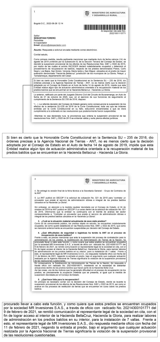 Según la Agencia Nacional de Tierras, esa entidad no puede avanzar con la recuperación de baldíos porque el Consejo de Estado suspendió las resoluciones que declararon esos predios como tal.