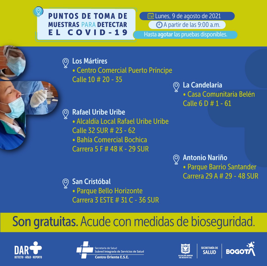 Puntos de tomas de prueba de COVID-19 en Bogotá para este 9 de agosto.