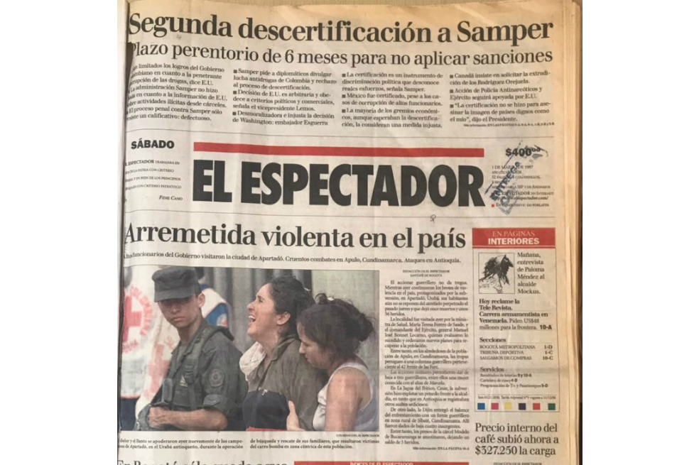 La guerra se agudizó en Urabá luego de la guerrilla de las Farc activara una carro bomba en el casco urbano de Apartadó el 27 de febrero de 1997./Archivo.