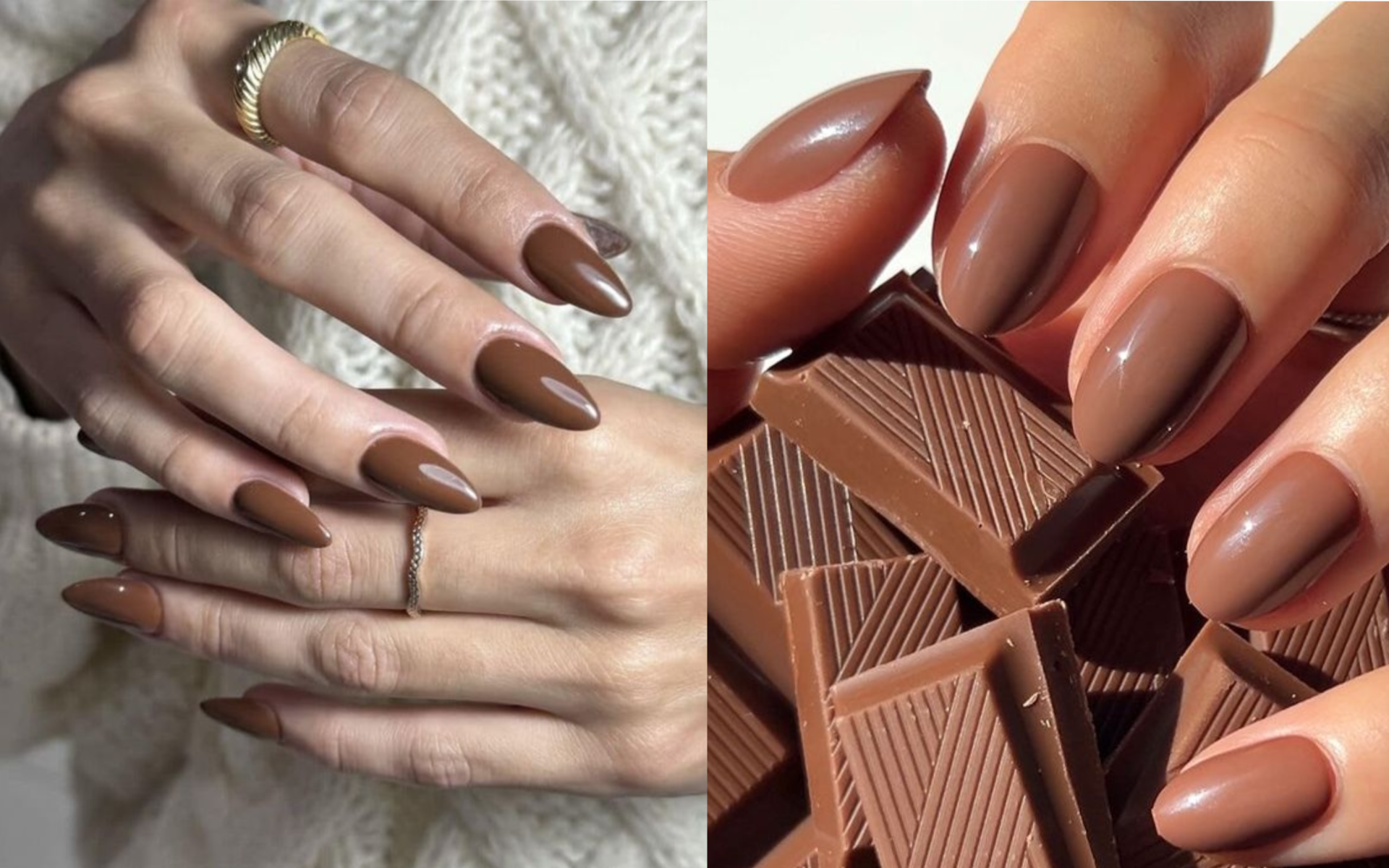 Decoración de uñas con el Pantone Mocha Mousse, el color tendencia de 2025