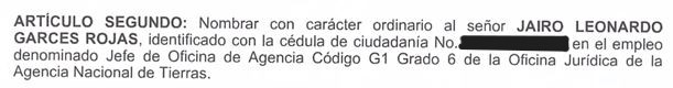 El decreto que ordenó el nombramiento de Jairo Leonardo Garcés Rojas.