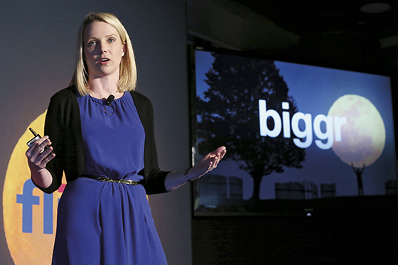 NEW YORK, NY - MAY 20: Yahoo CEO Marissa Mayer speaks about the company's Flickr redesign at a press conference in Times Square on May 20, 2013 in New York City. The internet giant Yahoo also purchased the blogging site Tumblr for $1.1 billion. Mario Tama/Getty Images/AFP