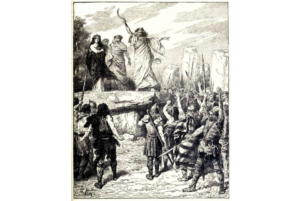 Druidas que incitan a los británicos a oponerse al desembarco de los romanos - de la Historia de Inglaterra de Cassell, vol. I