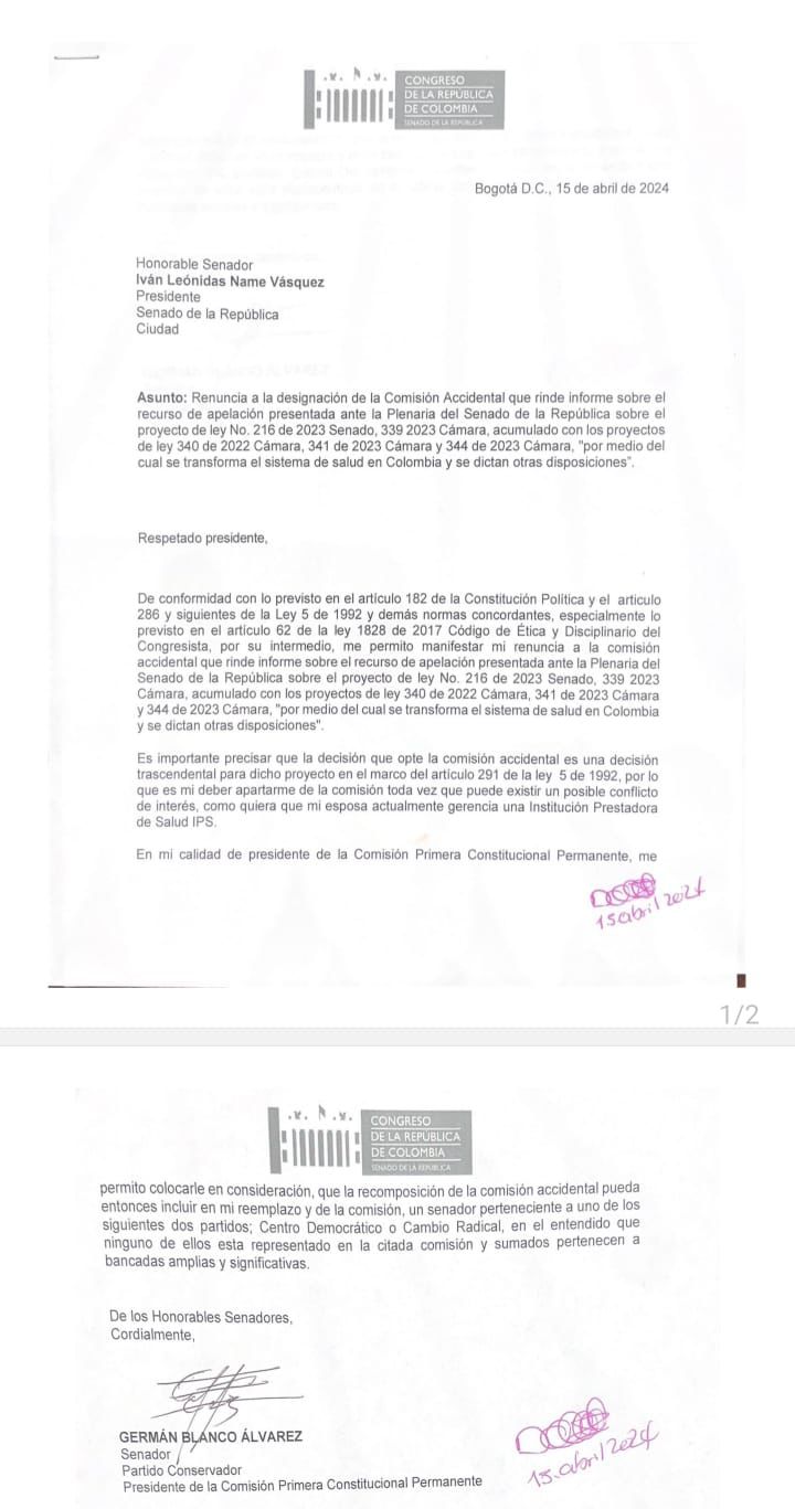 Esta es la carta de renuncia de Germán Blanco.