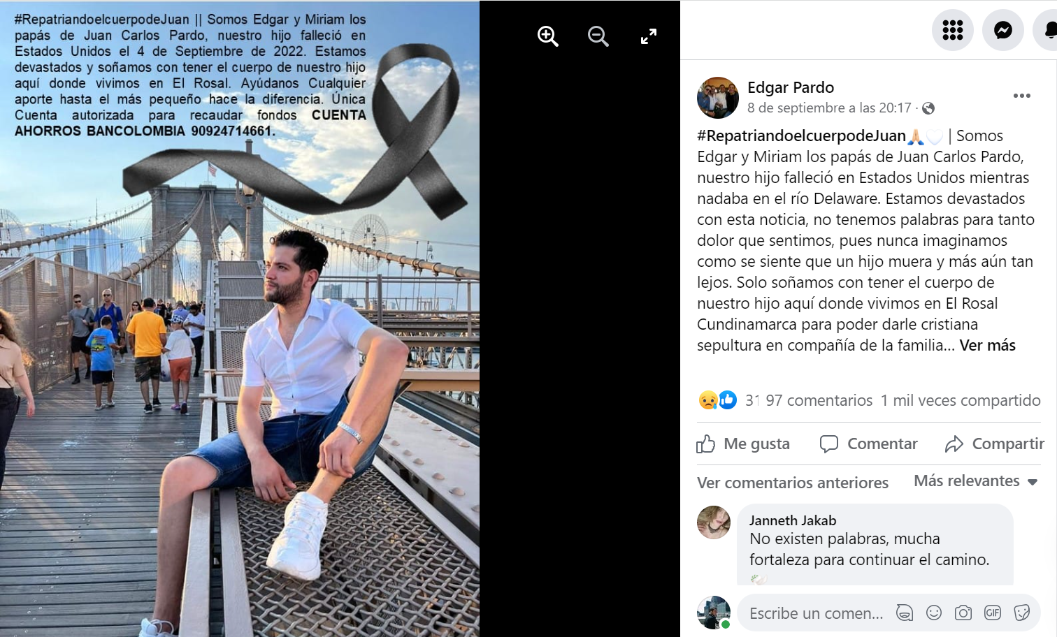 Publicación en Facebook de Edgar Pardo, padre de Juan Carlos Pardo.