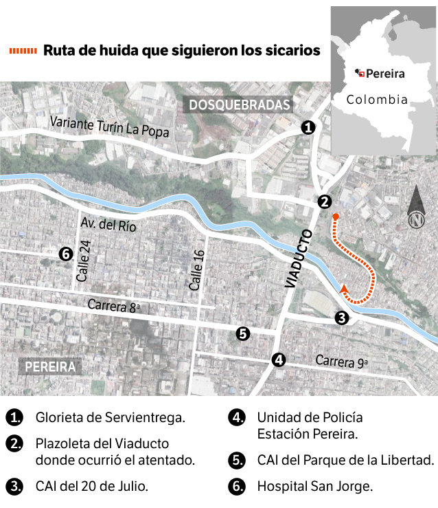 Mapa de Pereira y Dosquebradas con los puntos donde ocurrieron los hechos.