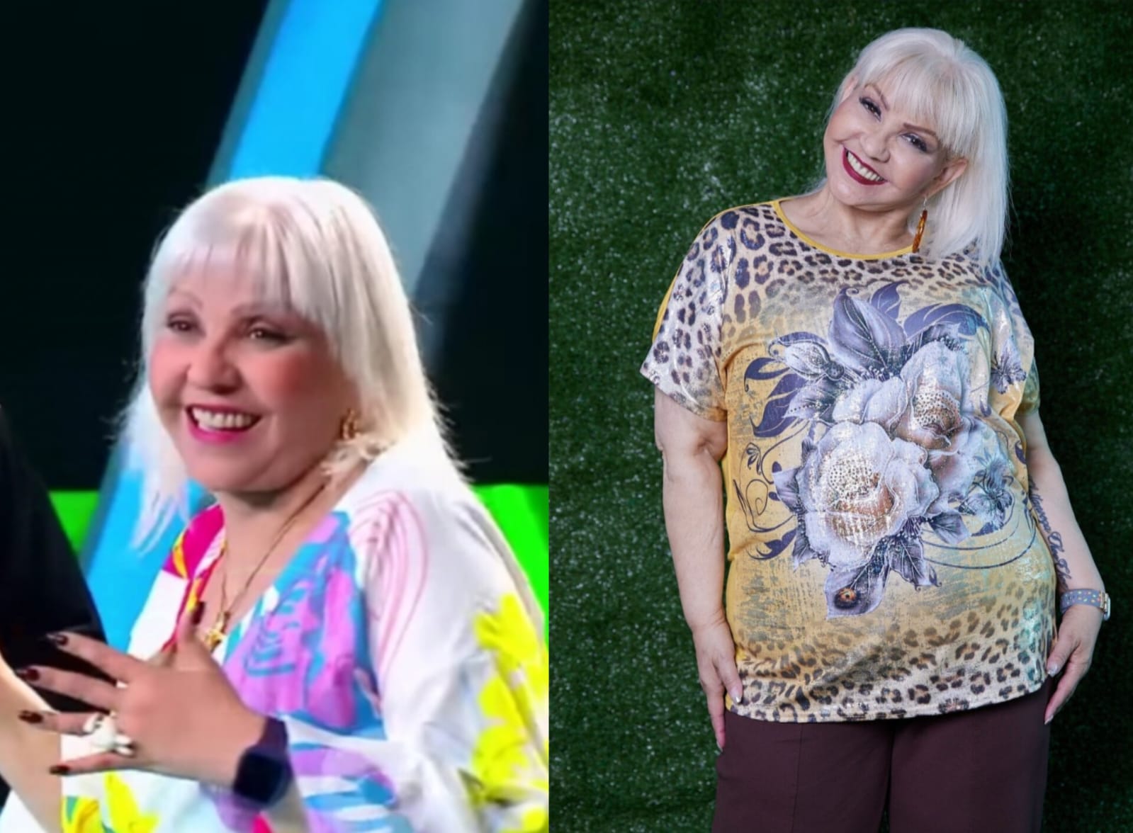 Colage de la última presentación de La Gorda Fabiola en Sábados Felices y una foto de sus redes sociales.